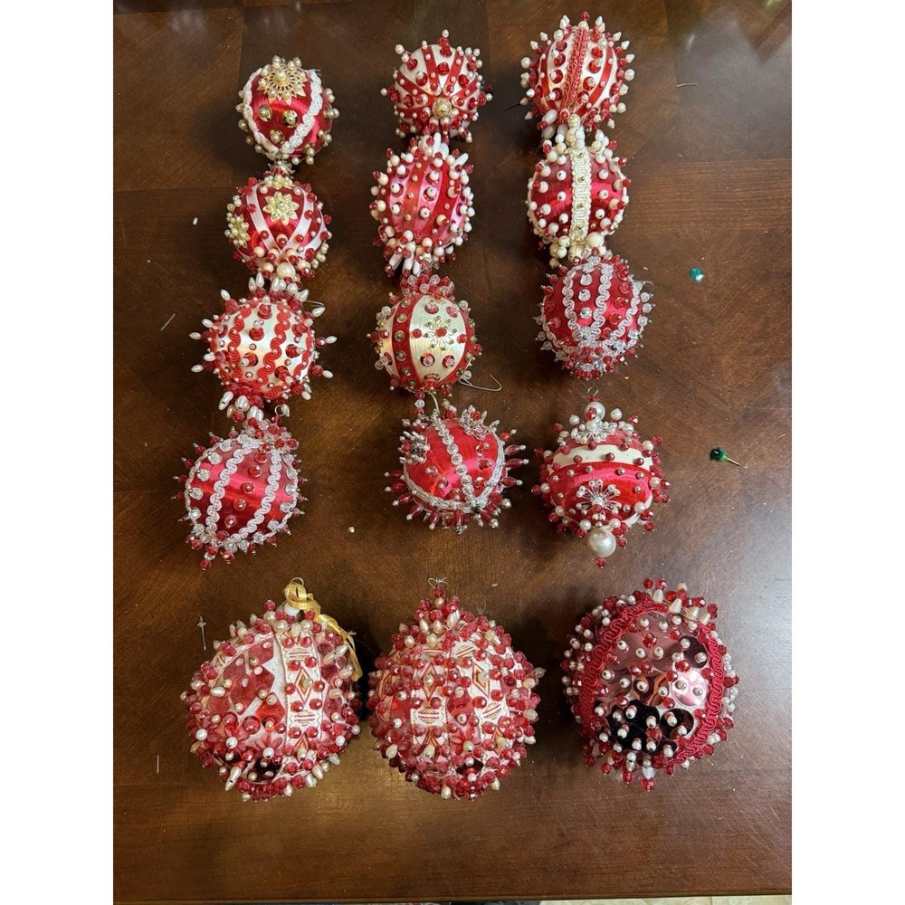 Vtg Handmade Red White Satin Beaded Luxury Christmas Ornaments Lot 15Pcs